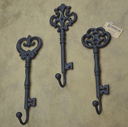 Lulu Decor, Shabby Chic Decorative Wall Hook Cast Iron Key Shape Coat Hanger (Vintage Black 3 Pcs)