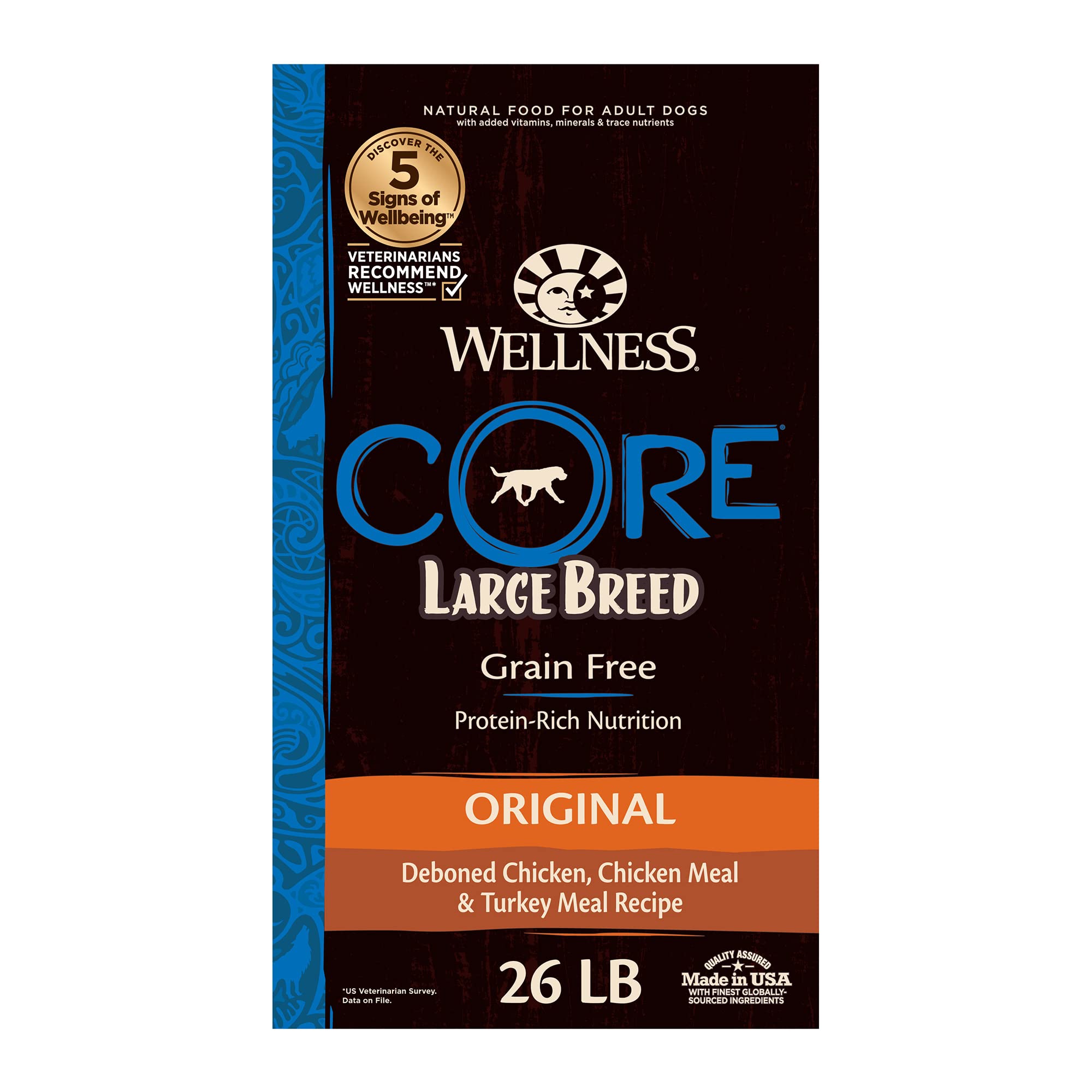 Wellness CORE Grain-Free High-Protein Large Breed Adult Dry Dog Food, Made in USA with Real Chicken & Natural Ingredients, With Glucosamine & Chondroitin to Support Joint Health (26-Pound Bag)