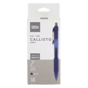 office depot® brand callisto retractable gel ink pens, medium point, 0.7 mm, transparent blue barrel, blue ink, pack of