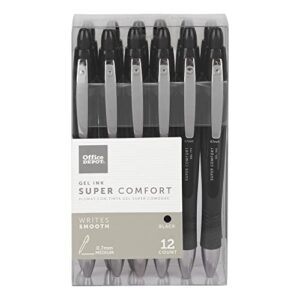 office depot super comfort grip retractable gel pens, medium point, 0.7 mm, black barrel, black ink, pack of 12
