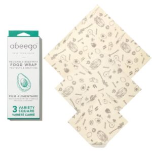 abeego, the original beeswax food storage wrap - set of three, 7" 10" and 13" natural square sheets