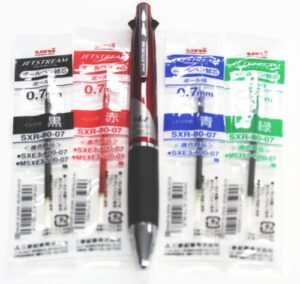 uni jetstream 4&1 red, green, blue, and black 0.7mm ballpoint multi pen + 0.5mm mechanical pencil + 4 sxr-80-07 ink refills (red)