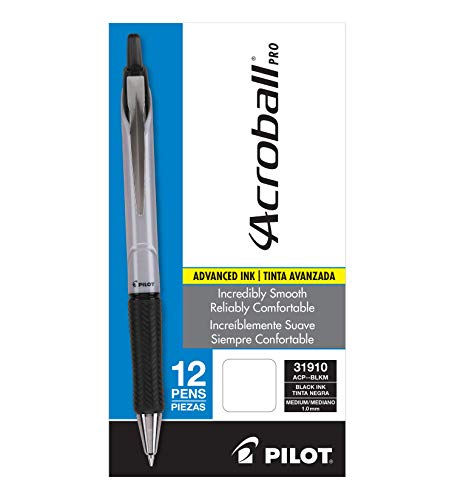 PILOT Acroball Pro Advanced Ink Refillable & Retractable Ball Point Pens, Medium Point, Black Ink, 12-Pack (31910)