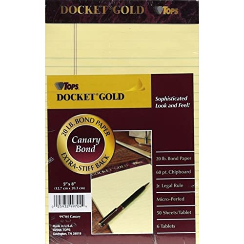 Tops™ Docket Gold™ Premium Writing Pads, 5" x 8", Jr. Legal Rule, Canary, 50 Sheets Per Pad, Pack Of 6 Pads