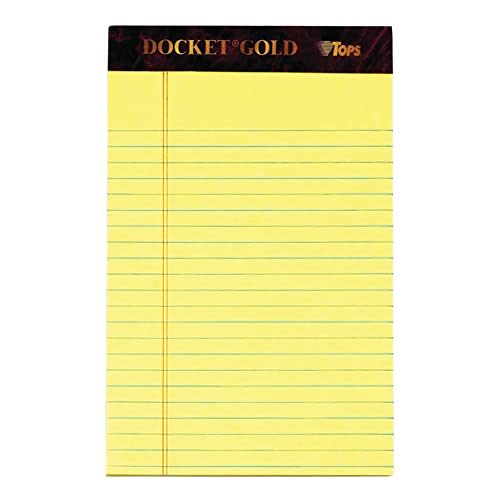 Tops™ Docket Gold™ Premium Writing Pads, 5" x 8", Jr. Legal Rule, Canary, 50 Sheets Per Pad, Pack Of 6 Pads