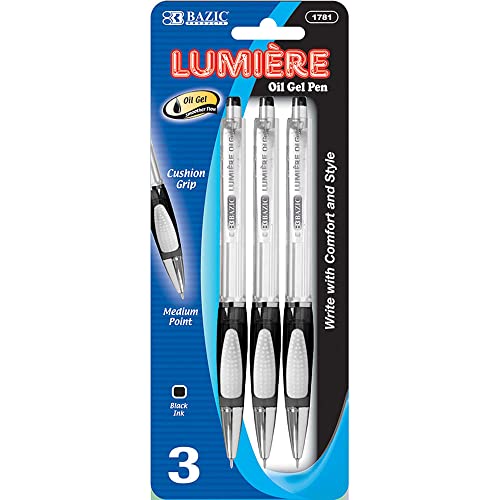 BAZIC Oil Gel Ink Retractable Pen Lumiere Black Color, 0.7 mm Medium Point Soft Grip Smooth Writing, for Office School (3/Pack), 1-Pack