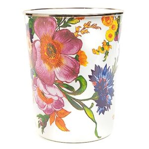 mackenzie-childs flower market enamel waste bin, decorative trash can for bathroom or bedroom, white
