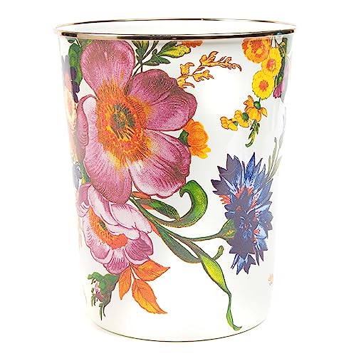 MACKENZIE-CHILDS Flower Market Enamel Waste Bin, Decorative Trash Can for Bathroom or Bedroom, White