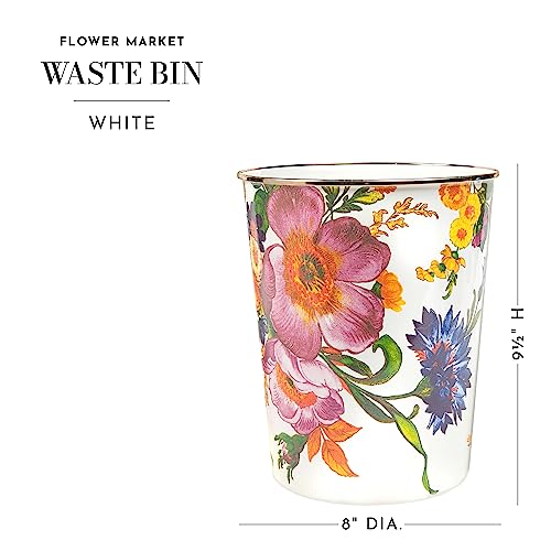 MACKENZIE-CHILDS Flower Market Enamel Waste Bin, Decorative Trash Can for Bathroom or Bedroom, White