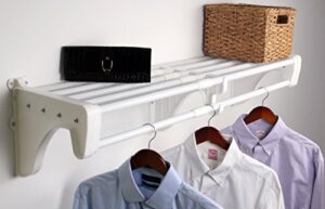 ez shelf-expandable-closet shelf with hanging rod- 42.5” to 75” -white-easy install to backwall(floating)-wire closet shelving alternative-(ezs-scrw72-1-2)