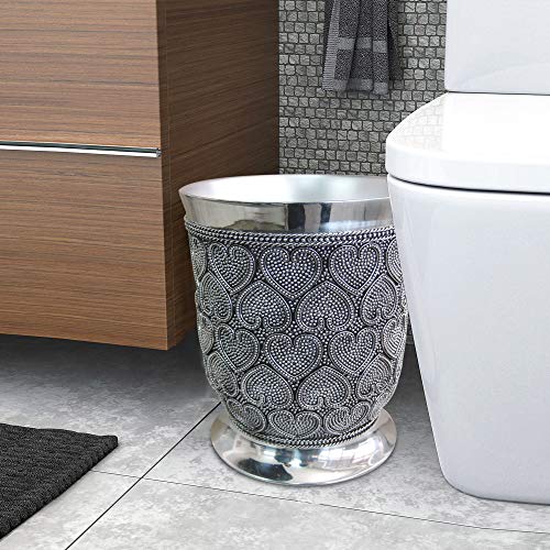 nu steel Beaded Heart Resin Decorative Small Trash Can Wastebasket, Garbage Container Bin for Bathrooms, Powder Rooms, Kitchens, Home Offices-Chrome, Large, Silver