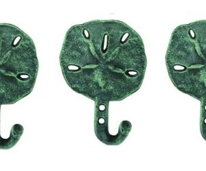 Sand Dollar Shell Wall Hooks Hangers Cast Iron Antique Green Verdigris - Set of 3