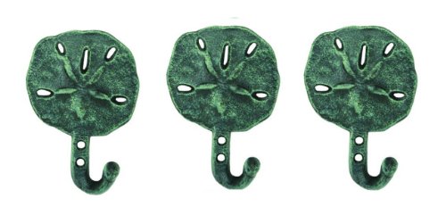 Sand Dollar Shell Wall Hooks Hangers Cast Iron Antique Green Verdigris - Set of 3