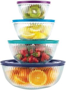 pyrex 8 piece ribbed bowl (4) set including assorted colored locking lids (ribbed)