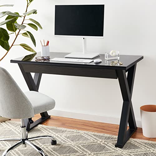 Walker Edison Lawrence Urban Industrial X Leg Glass Top Computer Desk, 48 Inch, Black