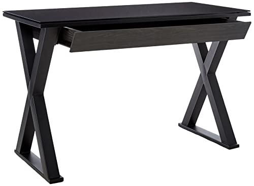 Walker Edison Lawrence Urban Industrial X Leg Glass Top Computer Desk, 48 Inch, Black