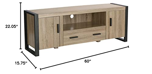 Walker Edison Industrial Modern Wood Universal TV Stand with Cabinet Doors and Open Shelves for TV's up to 64" Flat Screen Living Room Storage Entertainment Center, 60 Inch, Driftwood