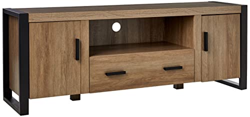 Walker Edison Industrial Modern Wood Universal TV Stand with Cabinet Doors and Open Shelves for TV's up to 64" Flat Screen Living Room Storage Entertainment Center, 60 Inch, Driftwood