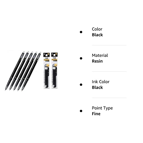 Pilot FriXion Ball slim Retractable Erasable Gel Ink Pens,fine Point, 0.38 Mm - Black Ink- Value set of 5 & 6 Gel Ink Pen Refill Pack