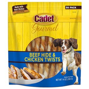 cadet gourmet beef hide & chicken twists dog treats - healthy & natural rawhide & chicken dog treats for small & large dogs - inspected & tested in usa, 5 in. (50 count)