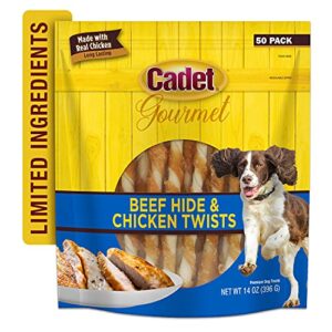 Cadet Gourmet Beef Hide & Chicken Twists Dog Treats - Healthy & Natural Rawhide & Chicken Dog Treats for Small & Large Dogs - Inspected & Tested in USA, 5 In. (50 Count)