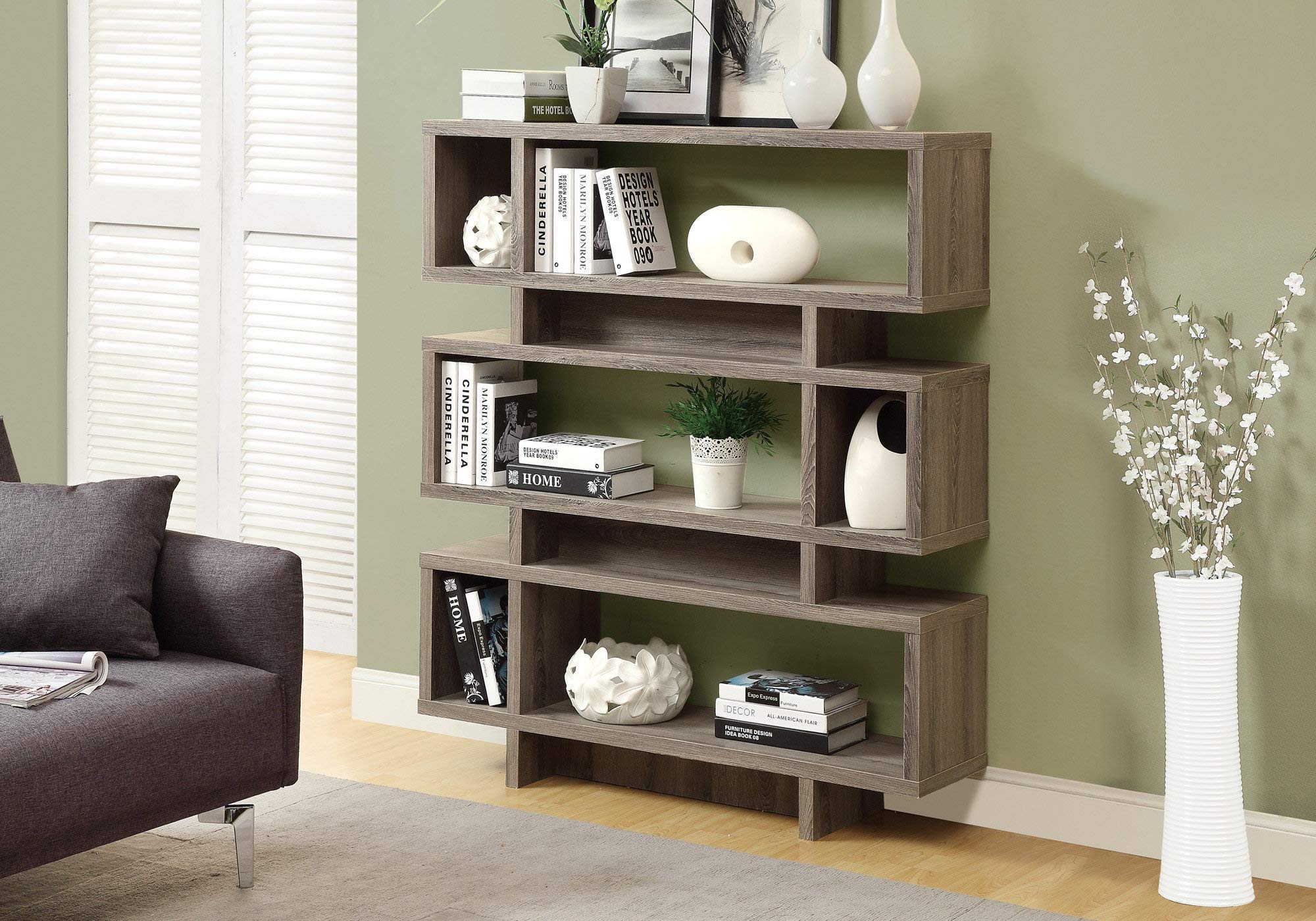 Monarch Specialties 3251 Bookshelf, Bookcase, Etagere, 4 Tier, 55" H, Office, Bedroom, Laminate, Brown, Contemporary, Modern Bookcase-55 H/Dark Taupe Style, 47.25" L x 12" W x 54.75" H