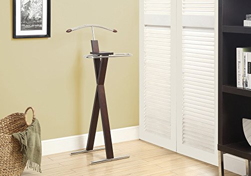 Monarch Specialties 2024 Valet Stand, Organizer, Suit Rack, Bedroom, Wood, Metal, Brown, Chrome, Contemporary, Modern Accent Espresso, 21" L x 14.25" W x 42.5" H, Cappuccino