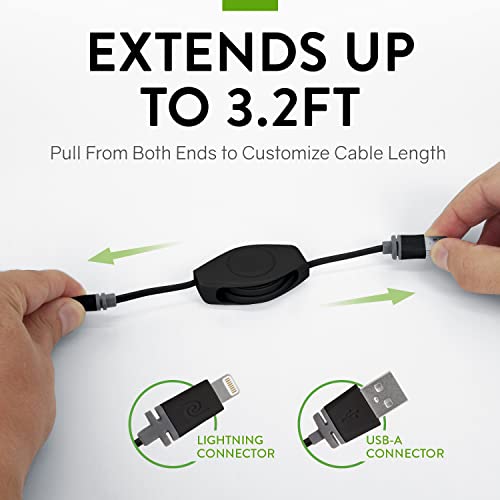 ReTrak Premier Series ETLTUSBBLK Retractable Lightning to USB Charge and Sync Cable for iPhone, iPod, and iPad (Black), 3.2 feet