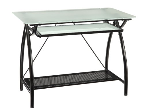 OSP Designs OSP Designs Newport Computer Desk with Frosted Tempered Glass Top, Pullout Keyboard Tray, and Black Powder Coated Steel Frame