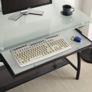 OSP Designs OSP Designs Newport Computer Desk with Frosted Tempered Glass Top, Pullout Keyboard Tray, and Black Powder Coated Steel Frame