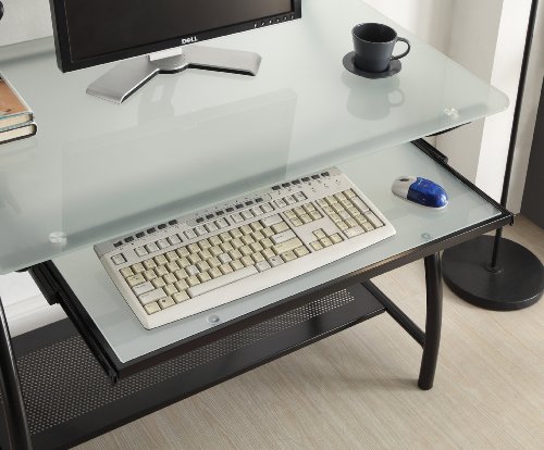 OSP Designs OSP Designs Newport Computer Desk with Frosted Tempered Glass Top, Pullout Keyboard Tray, and Black Powder Coated Steel Frame