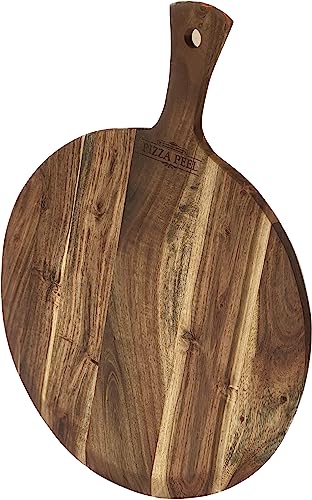 Mountain Woods Hand Crafted Large Acacia Wood Pizza Peel Charcuterie Board Artisanal Baking Board Cutting Board Serving Tray Paddle Serving Boards with Handle for Food, Fruits, Vegetables & Cheese Presentations - 21.25" x 16" x 0.625" (1)