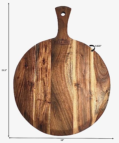 Mountain Woods Hand Crafted Large Acacia Wood Pizza Peel Charcuterie Board Artisanal Baking Board Cutting Board Serving Tray Paddle Serving Boards with Handle for Food, Fruits, Vegetables & Cheese Presentations - 21.25" x 16" x 0.625" (1)