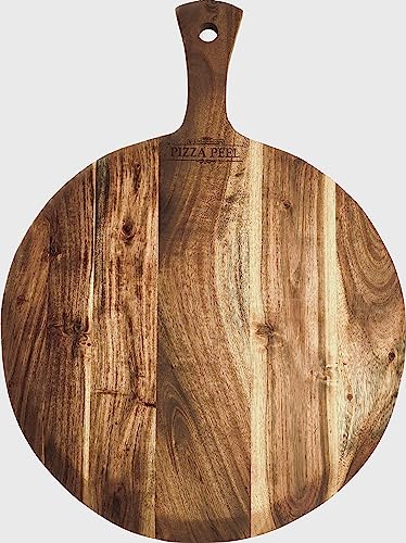 Mountain Woods Hand Crafted Large Acacia Wood Pizza Peel Charcuterie Board Artisanal Baking Board Cutting Board Serving Tray Paddle Serving Boards with Handle for Food, Fruits, Vegetables & Cheese Presentations - 21.25" x 16" x 0.625" (1)