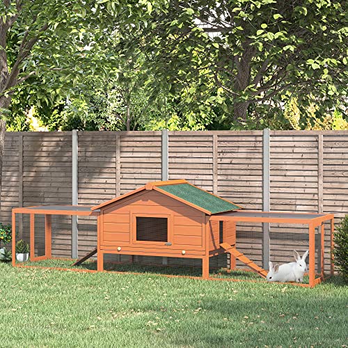 PawHut 2-Story Large Wooden Rabbit Hutch Pet House with Ramps, Lockable Doors, Run Area and Asphalt Roof for Outdoor Use