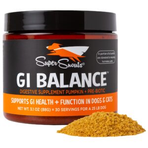 super snouts gi balance digestive supplement for dogs & cats, 3.1 oz pumpkin powder for dogs & prebiotic gut health, immune support