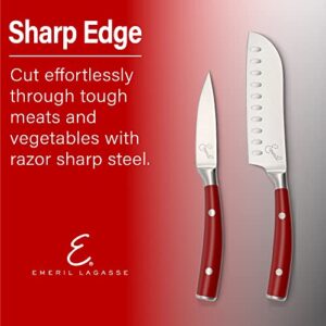 Emeril Lagasse 2 Piece Knife Set 5" Santoku 3.5" Paring Knife Forged Steel Clad Emerilware (Red)