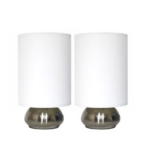 simple designs lt2016-ivy-2pk 9" gemini 2 pack contemporary 4 settings touch metal mini round table lamp set with fabric shades for home décor, nightstand, end table, bedroom, living room, office, foyer, brushed nickel and ivory