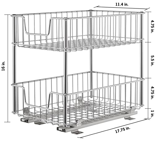 TRINITY 2-Tier Sliding Undercabinet Organizer with 2 Baskets for Kitchen and Bathroom Cabinet Organization and Storage, 50 Pound Capacity, 11.5” W x 17.75” D x 15.8” H