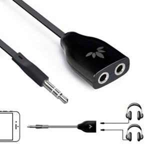 avantree tr302 two way 3.5mm dual headphone jack splitter, aux stereo earphone earbuds y audio split adapter cable, compatible with iphone, samsung phones and tablets - black
