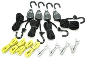 progrip 921200 cargo tie down and transport bundle: (4) xrt rope lock tie down, (4) shark clip with screw for tarp, (4) tie down extension loops