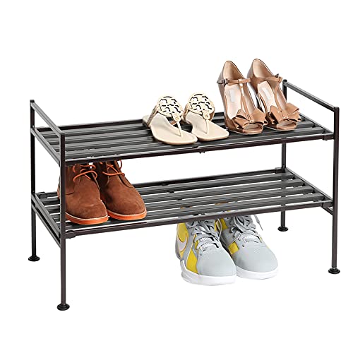 Seville Classics Sturdy Freestanding Storage Shelf for Bedroom, Closet, Entryway, Dorm Room Organizer, Stackable Durable Metal Shoe Rack, Espresso Slat, 2-Tier