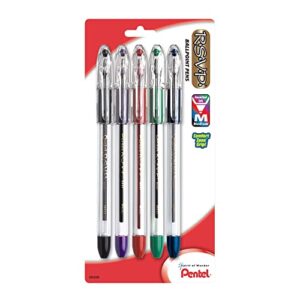 pentel® r.s.v.p.® ballpoint pens, fine point, 0.7 mm, clear barrel, assorted ink colors, pack of 5