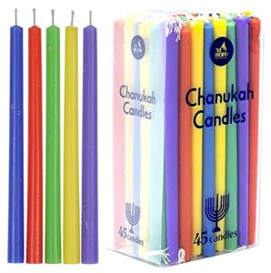 colorful long chanukah candles - standard size diameter fits most menorahs - premium quality wax - assorted colors - 45 count for all 8 nights of hanukkah - by ner mitzvah
