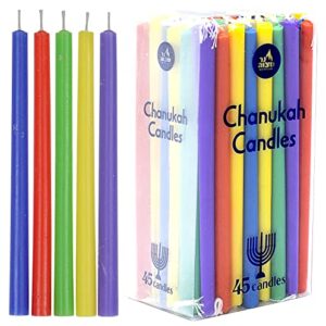 Colorful Long Chanukah Candles - Standard Size Diameter Fits Most Menorahs - Premium Quality Wax - Assorted Colors - 45 Count For All 8 Nights of Hanukkah - by Ner Mitzvah