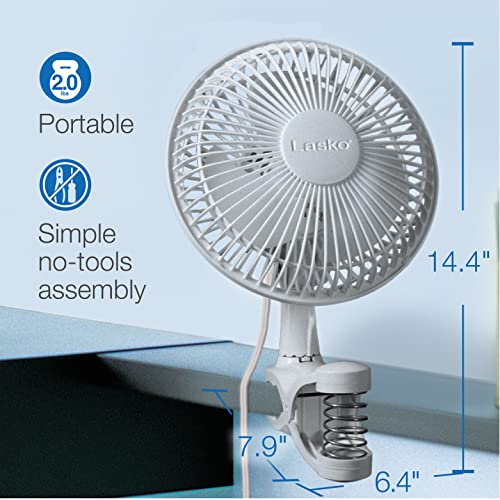 Lasko Clip Fan, 2 Quiet Speeds, 360 Degree Pivot, Portable for Office, Bedroom, Kitchen, 6", White, 2004W