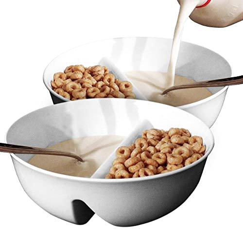 Anti-Soggy Cereal Bowl - BPA-Free Divided Sectional Bowls - Stackable - Novelty Kitchen Gift - Dishwasher Safe Kids & Adults - Olives & Pickles, Chips, Soup, Rice, Salad, Ice cream - White 2pk