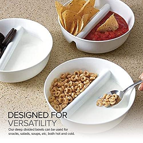 Anti-Soggy Cereal Bowl - BPA-Free Divided Sectional Bowls - Stackable - Novelty Kitchen Gift - Dishwasher Safe Kids & Adults - Olives & Pickles, Chips, Soup, Rice, Salad, Ice cream - White 2pk