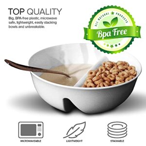 Anti-Soggy Cereal Bowl - BPA-Free Divided Sectional Bowls - Stackable - Novelty Kitchen Gift - Dishwasher Safe Kids & Adults - Olives & Pickles, Chips, Soup, Rice, Salad, Ice cream - White 2pk