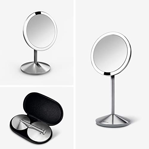 simplehuman Floor Mount 5" Round Rechargeable Mini Travel Sensor Makeup Mirror, 10x Magnification, Brushed Stainless Steel